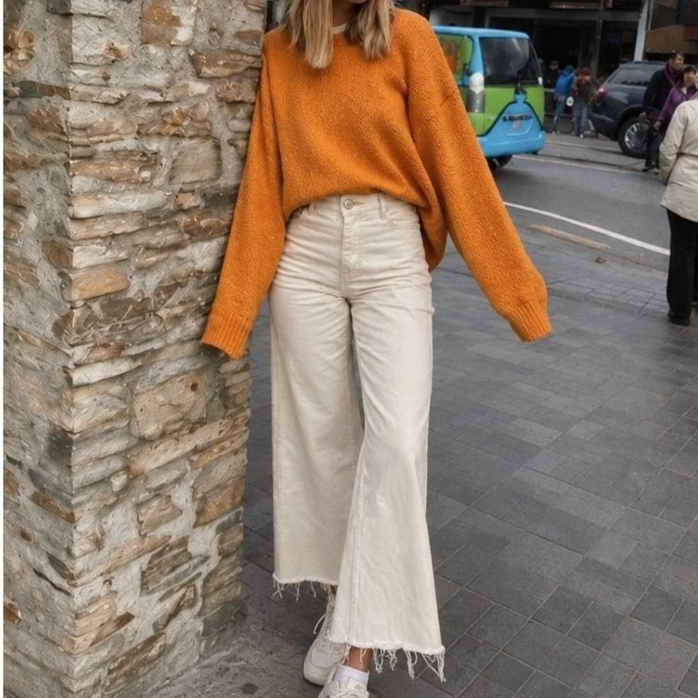 Zara Marine Straight Jeans Wide Leg High Rise Raw Hem 4 White Denim Pants Boho